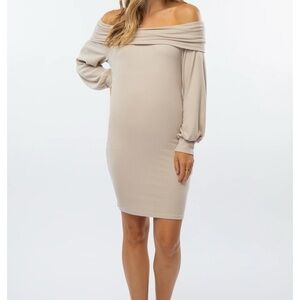 Beige Ribbed Off Shoulder Puff Sleeve Maternity Dress - M
